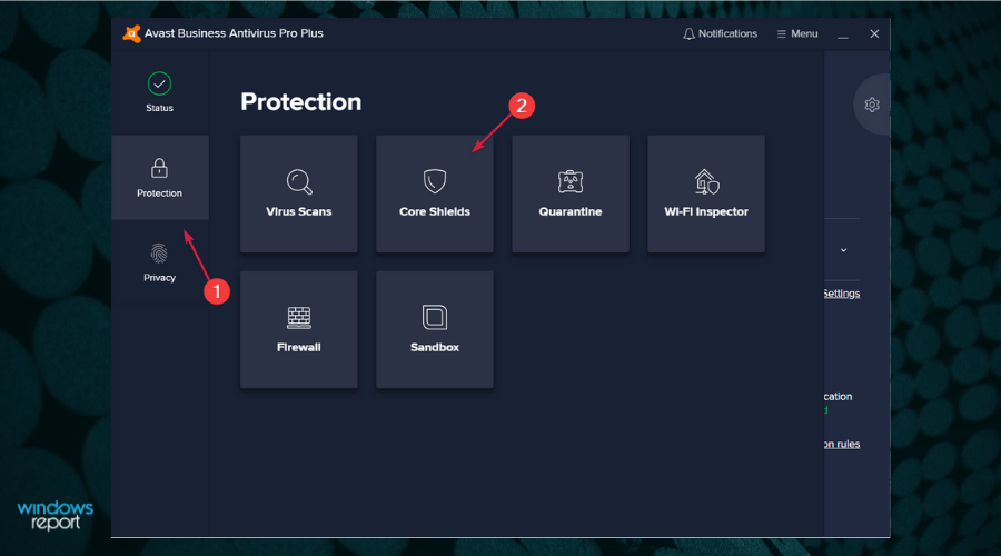 Отключение щитов в Avast