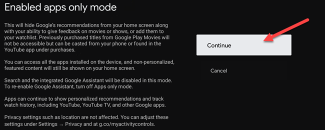 Экран подтверждения с описанием отключаемых функций и кнопкой «Продолжить»