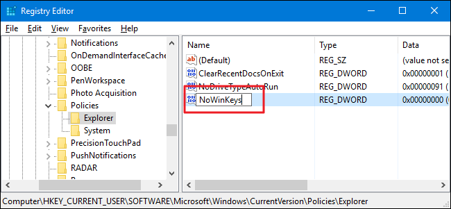 Создание DWORD значения NoWinKeys в Explorer
