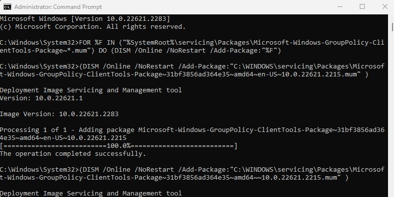 Установка редактора групповой политики через Командную строку