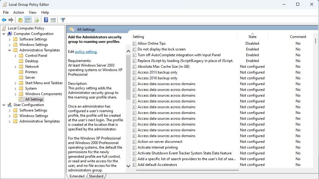 Окно Редактора локальной групповой политики Windows