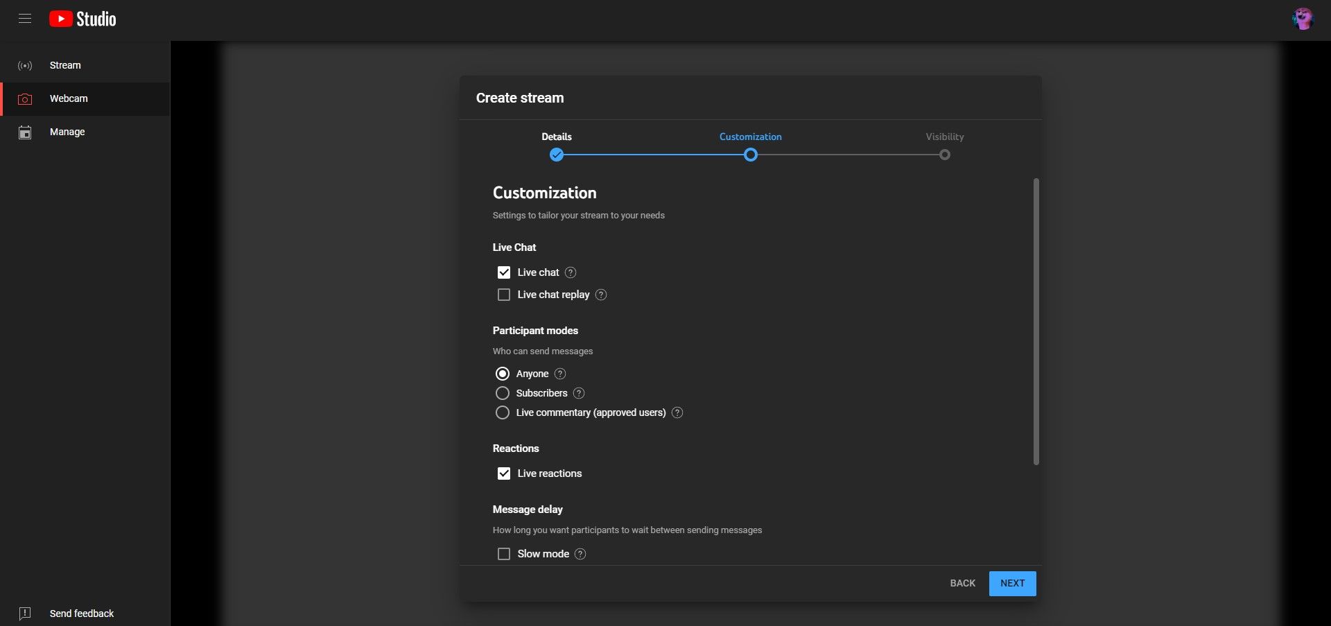 настройки чата и видимости трансляции на YouTube
