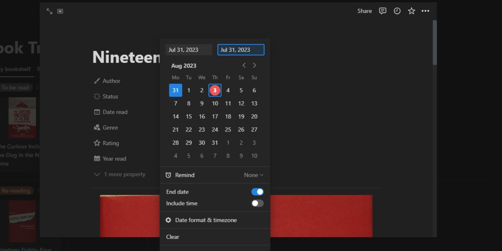 Скриншот Notion с добавлением даты начала и конца чтения в одном поле