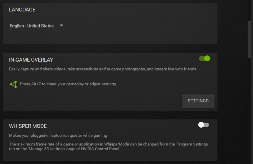 Кнопка настроек оверлея в GeForce Experience