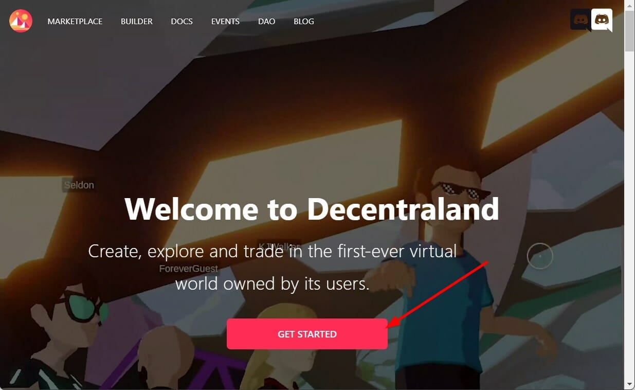 Стартовая страница Decentraland с кнопкой GET STARTED