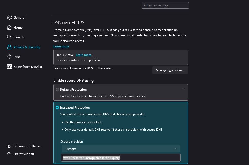 Скриншот настроек DNS в Firefox