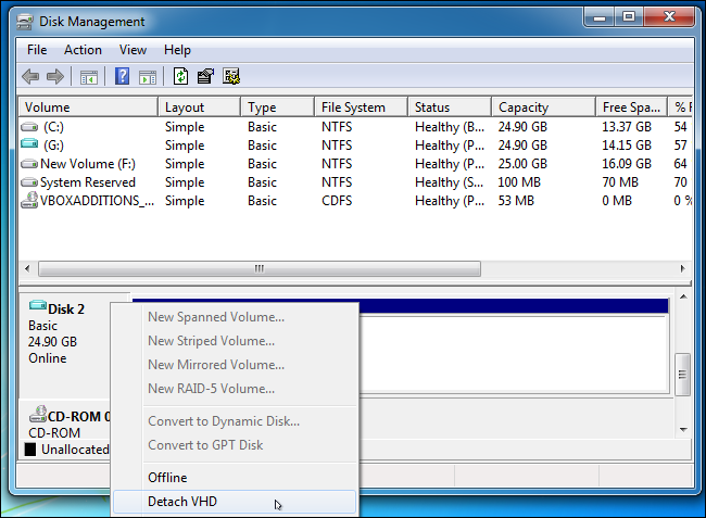 Отсоединение VHD через Управление дисками
