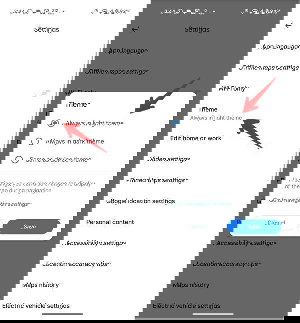 Меню выбора темы в Google Maps на Android