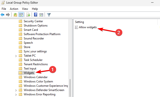 Редактор локальной групповой политики — путь к параметру 'Разрешить виджеты'