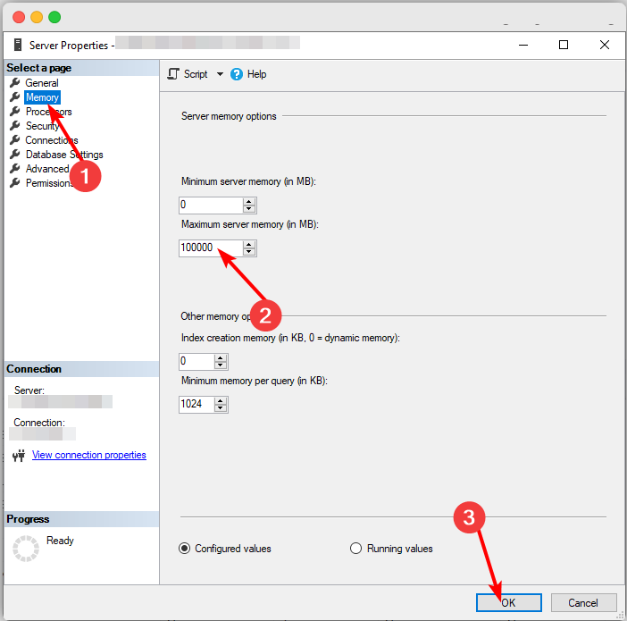 Настройки памяти SQL Server в свойствах сервера