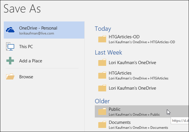 Диалог сохранения файла в общую папку OneDrive