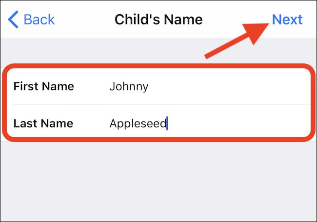 Ввод имени ребёнка и кнопка «Далее»