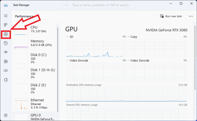Экран Диспетчера задач с вкладкой Произв и разделом GPU