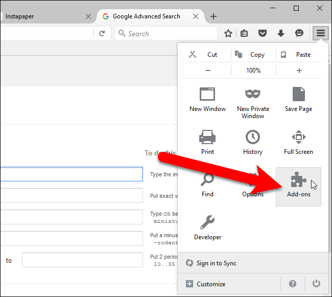 Меню Firefox: кнопка «Дополнения»