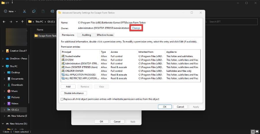 Окно изменения владельца