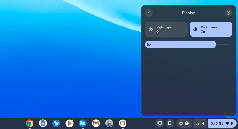 Панель быстрых настроек ChromeOS с опцией тёмной темы