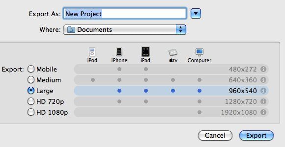 Параметры экспорта видео в iMovie