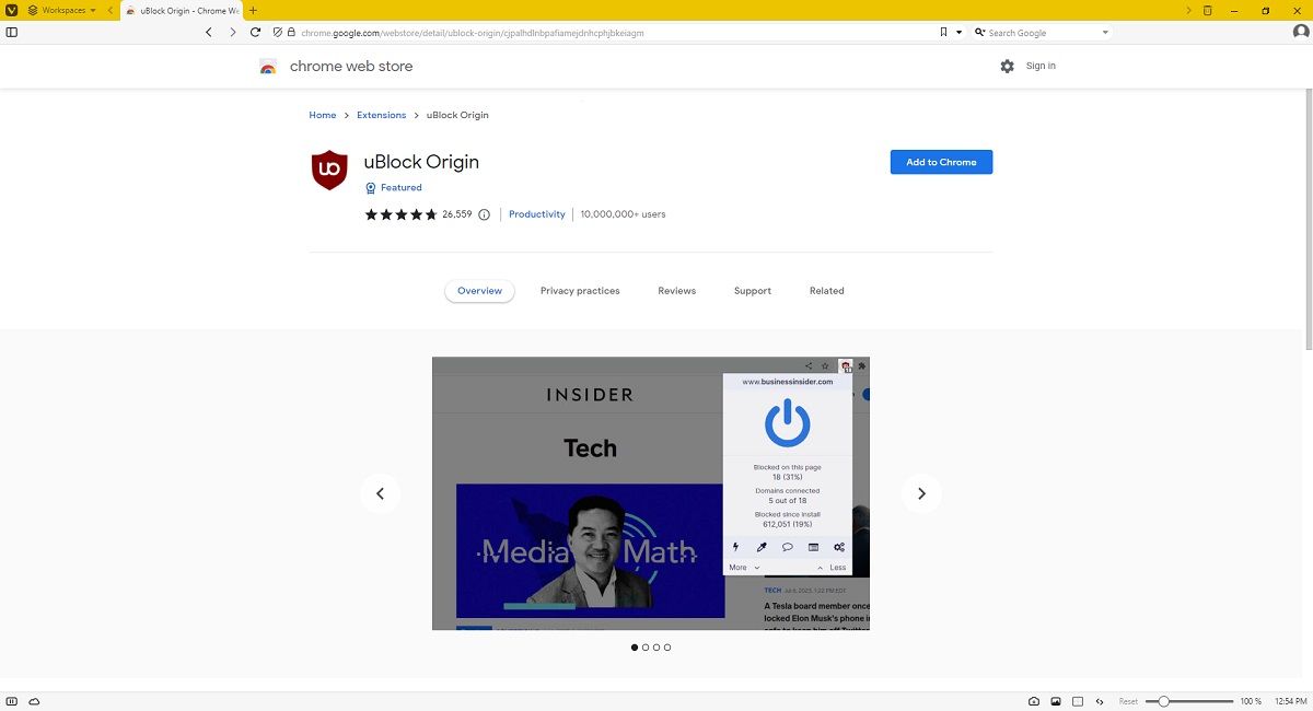 Вид Google Web Store в Vivaldi