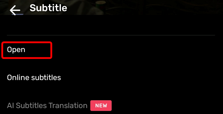 Меню настроек субтитров в MX Player с опцией Open