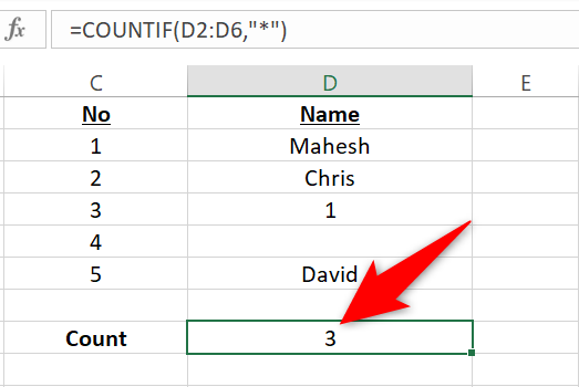 Результат: количество ячеек с текстом.