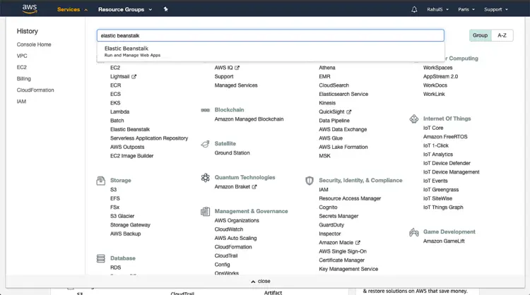 Поиск Elastic Beanstalk в консоли