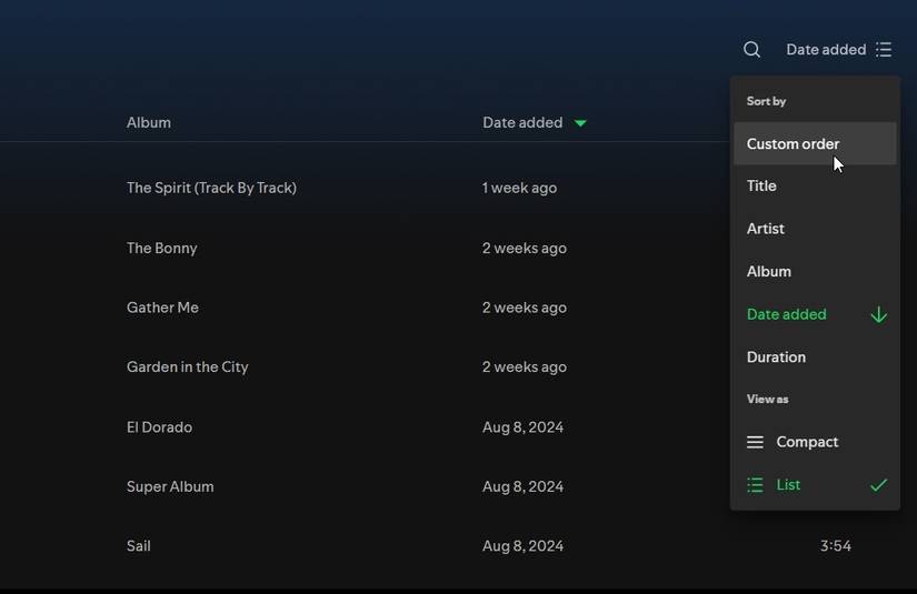 плейлист Spotify с выбранной пользовательской сортировкой