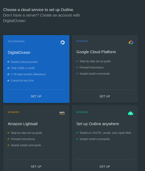 Варианты серверов для Outline: облака и ручной сервер