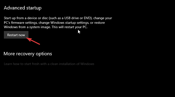 Schermata delle opzioni di avvio avanzato di Windows 10