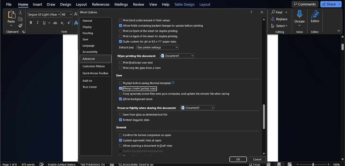 Включите создание резервной копии документа