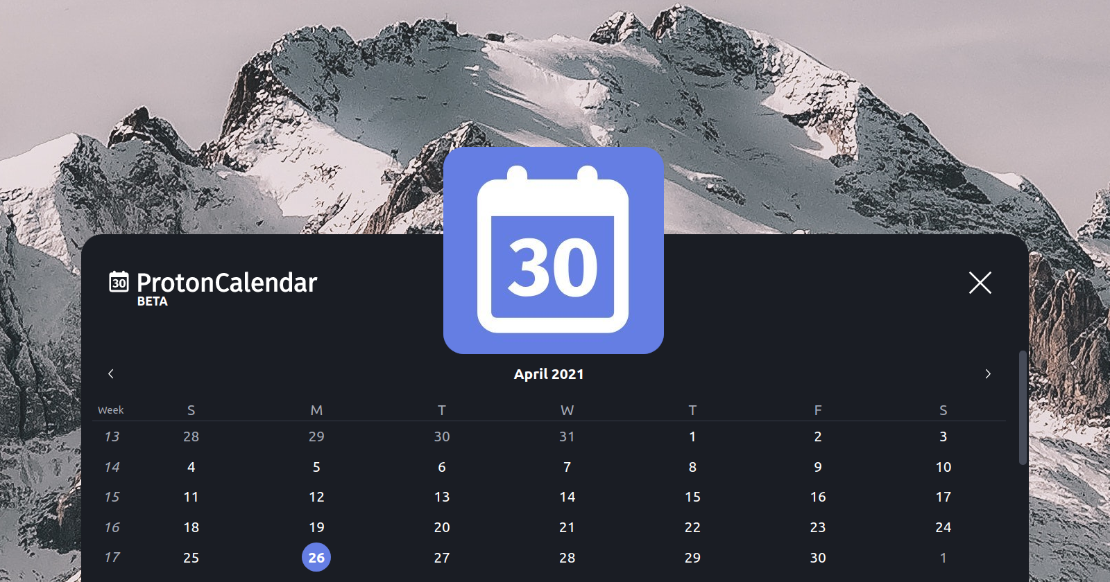 Иконка ProtonCalendar и интерфейс приложения на фоне заснеженной горы