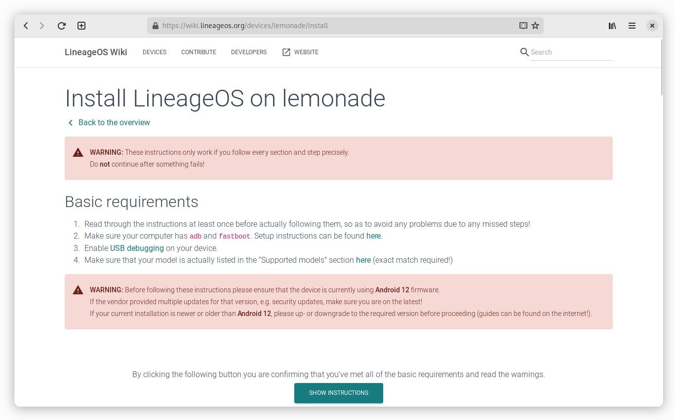 Инструкции установки LineageOS на странице устройства