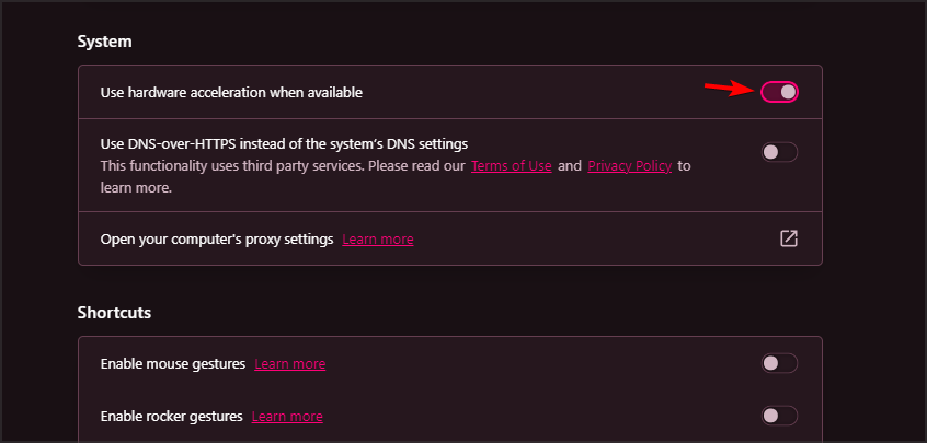 Переключатель аппаратного ускорения в Opera GX