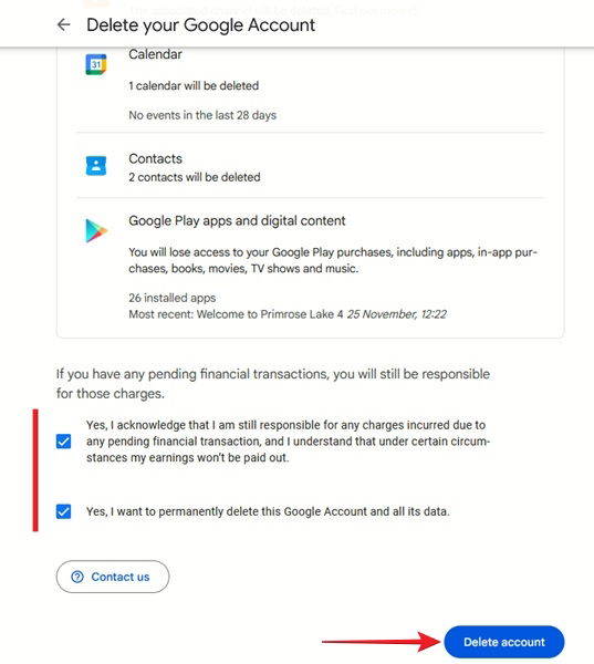 Кнопка удаления аккаунта в веб-версии Gmail