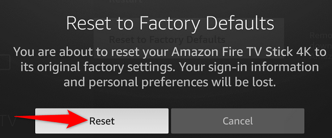 Подтвердите выбор, нажав «Сброс».