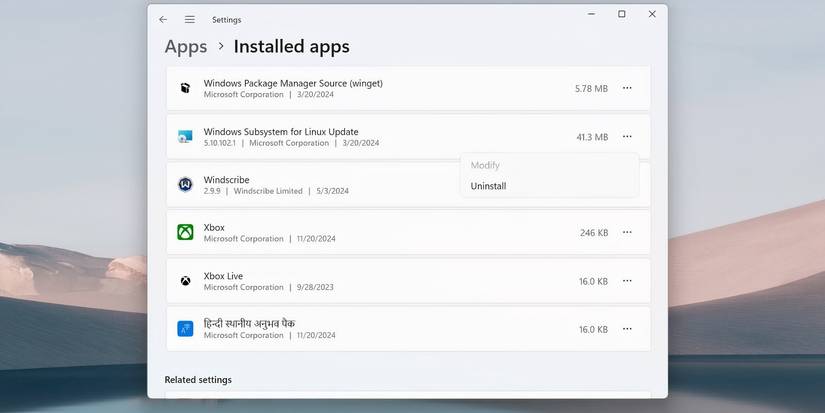 Список установленных приложений с опцией 'Удалить' для Windows Subsystem for Linux