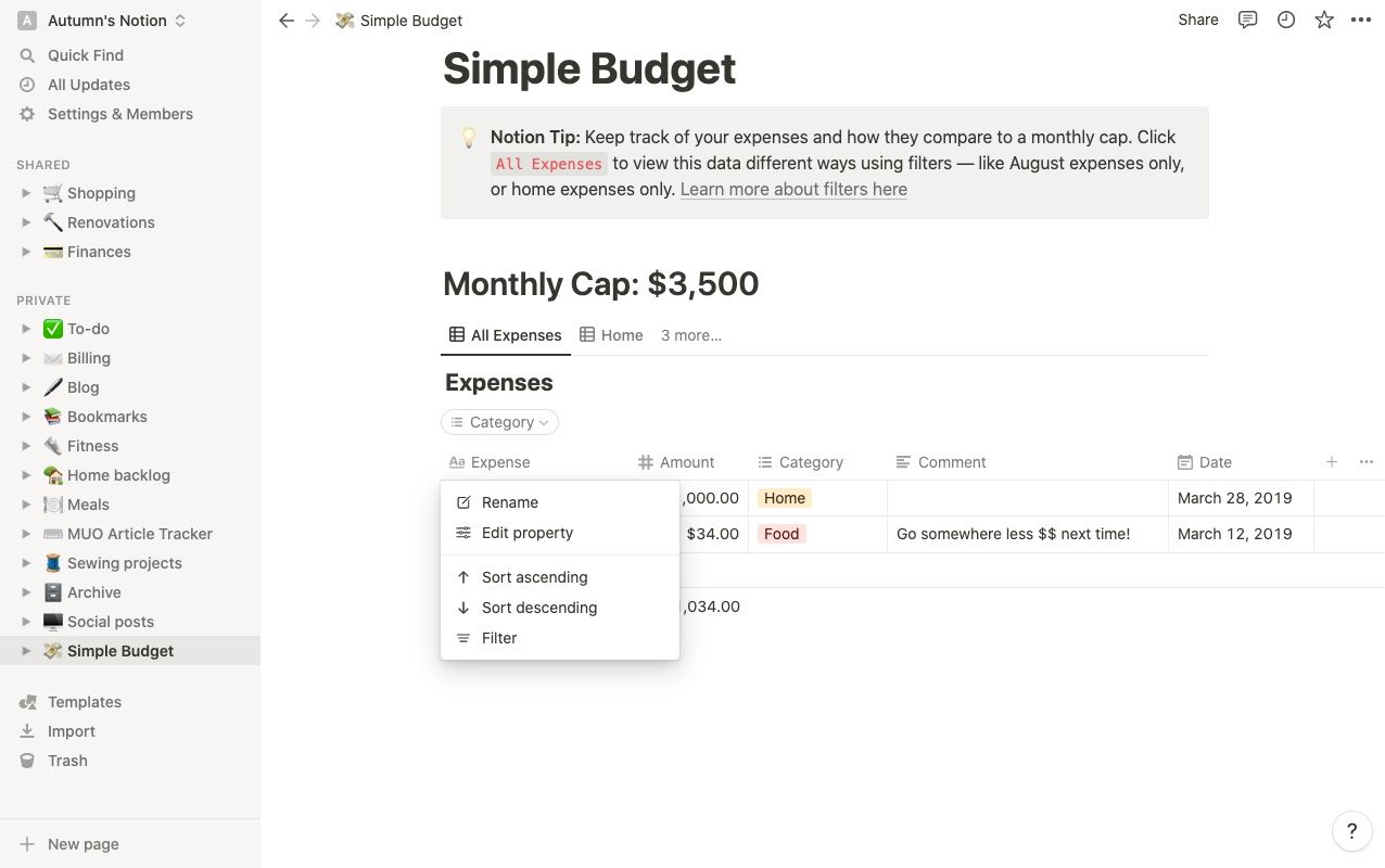 Скриншот меню столбца в ПО для управления проектами