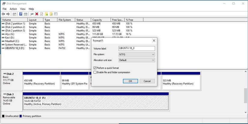 Скриншот окна форматирования в «Управление дисками».