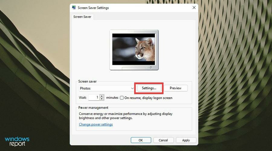 Кнопка Settings для изменения параметров заставки