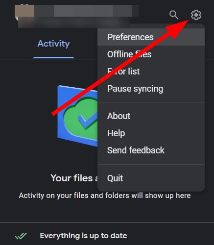 Меню настроек Google Drive