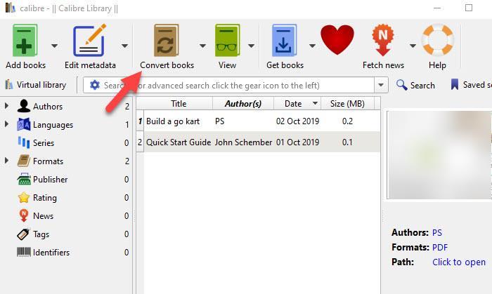 Кнопка «Convert books» в интерфейсе Calibre