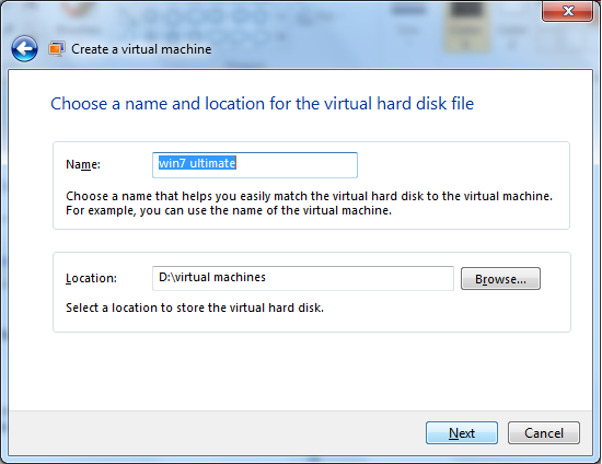 Указание пути и имени виртуального диска