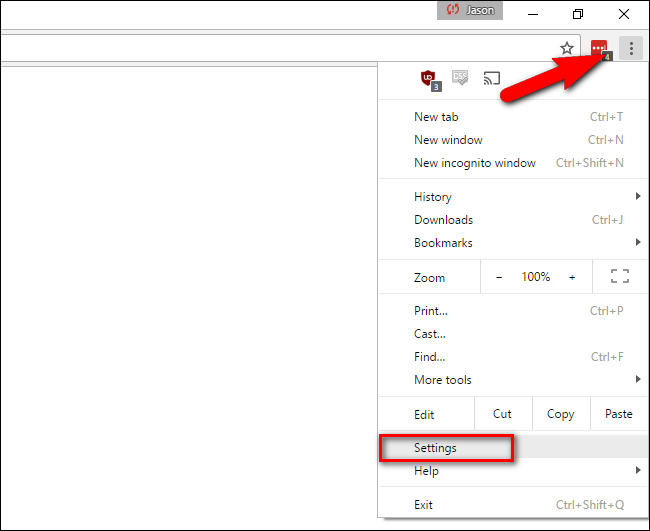 Иконка меню Chrome и пункт «Настройки»