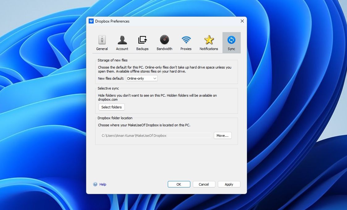 Опция «Select folder» (Выбор папок) в настройках синхронизации Dropbox