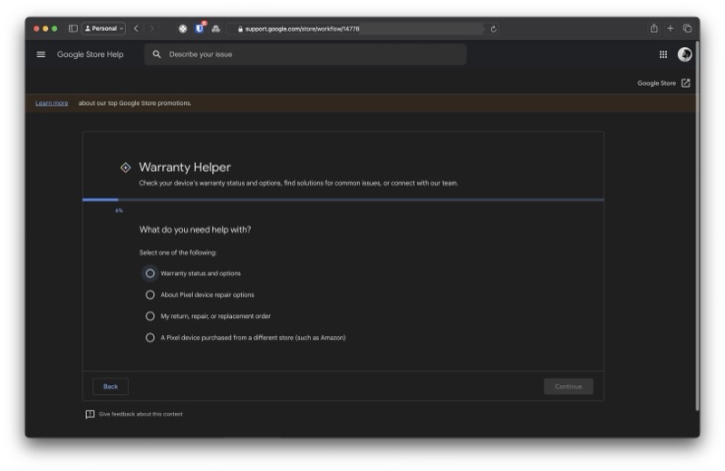 Выбор опции «Warranty Status and Options»