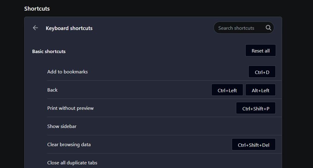 Параметры настройки горячих клавиш в Opera