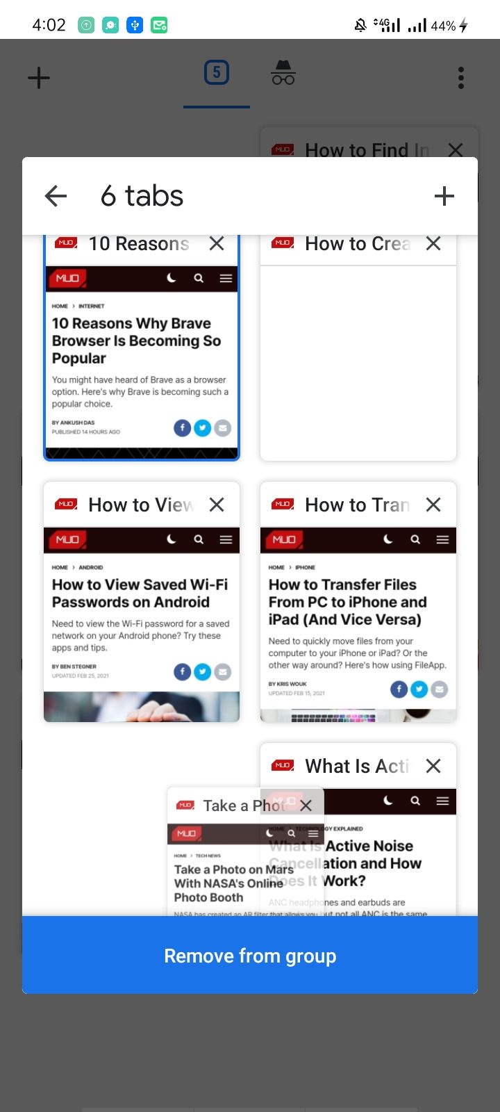 Удаление одной вкладки из группы в переключателе Chrome