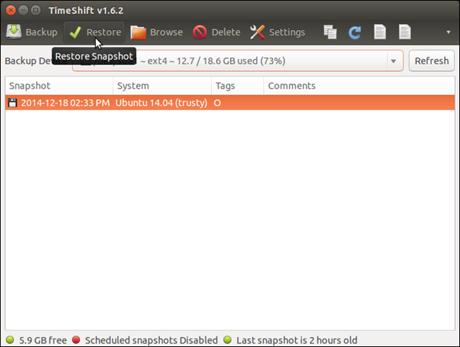 Кнопка восстановления Restore и выбор снимка для отката