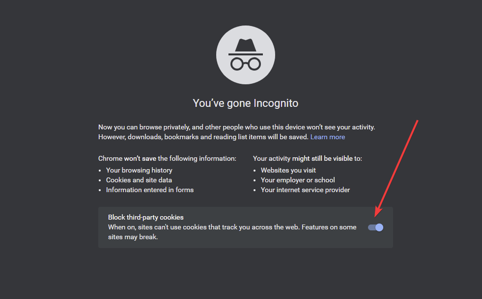 Переключатель «Блокировать сторонние cookie» в окне Инкогнито