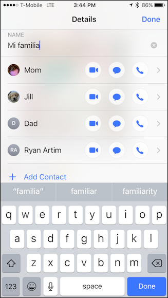 Ввод нового имени группы на iPhone