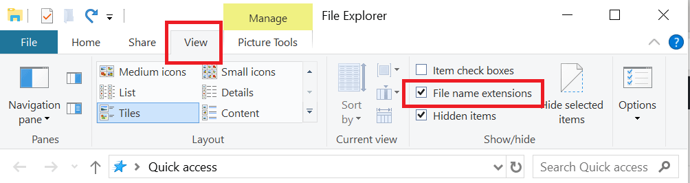 Screenshot della scheda Visualizza di Esplora file con l'opzione Estensioni evidenziata